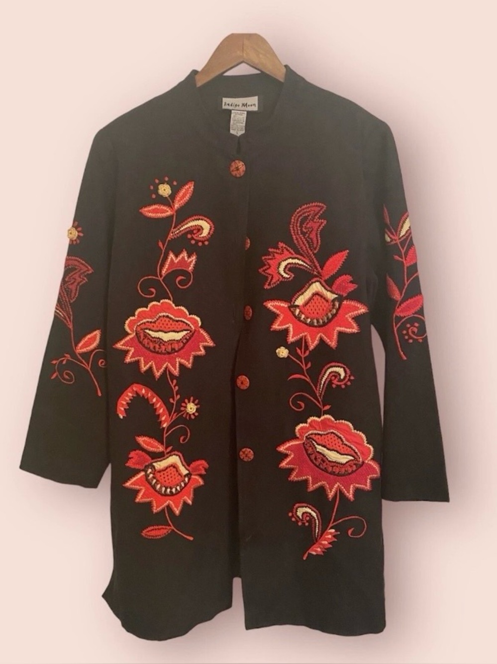 Indigo Moon Cotton Jacket with Red Floral Embroidery